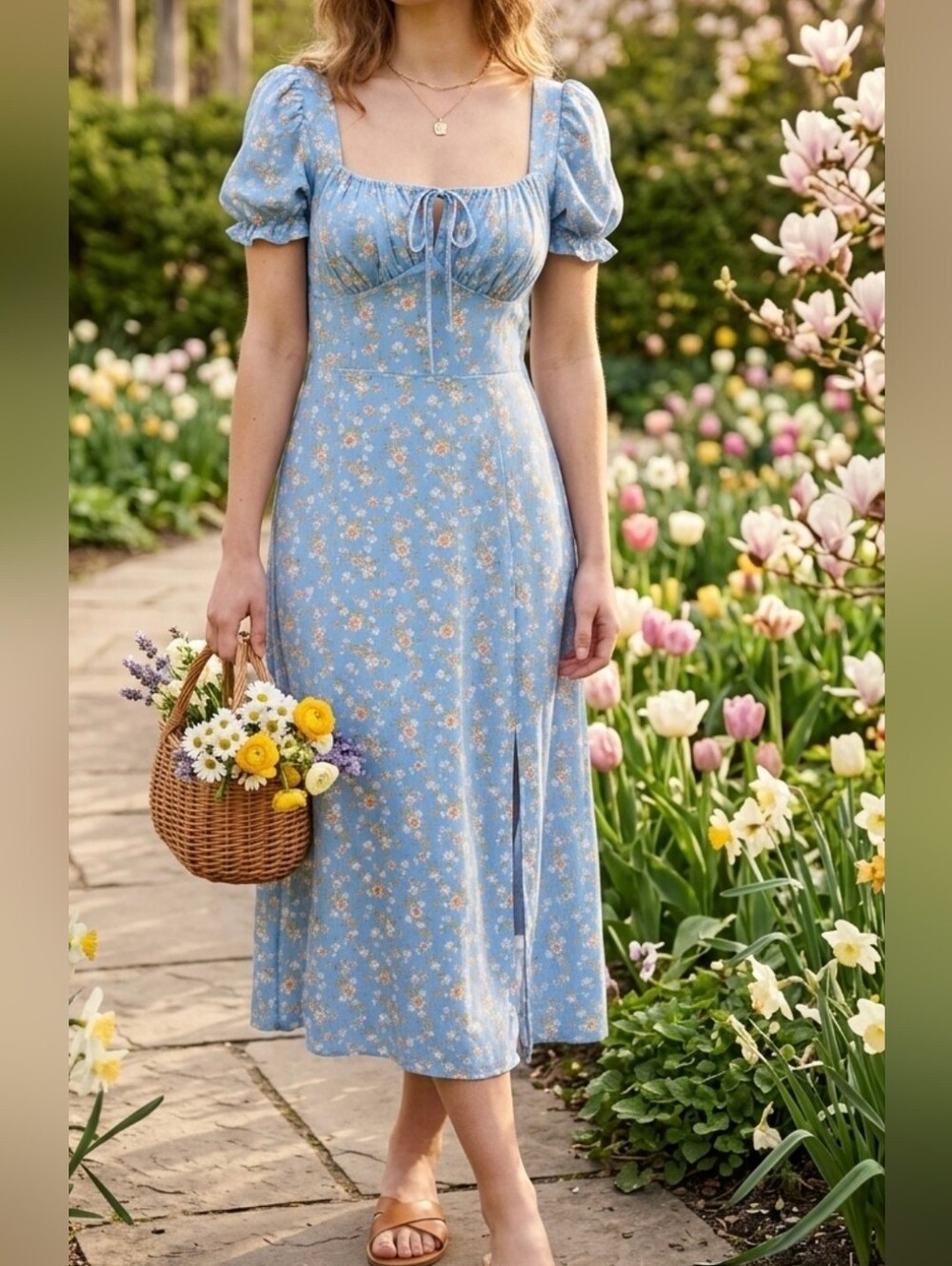 Hesperus Blue Floral Long Dress Size M Medium Stretch Back Ruffle Sleeves NWT